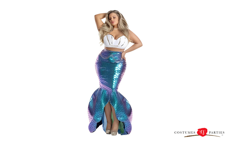 Woman wearing a mermaid costume with a sequin tail.